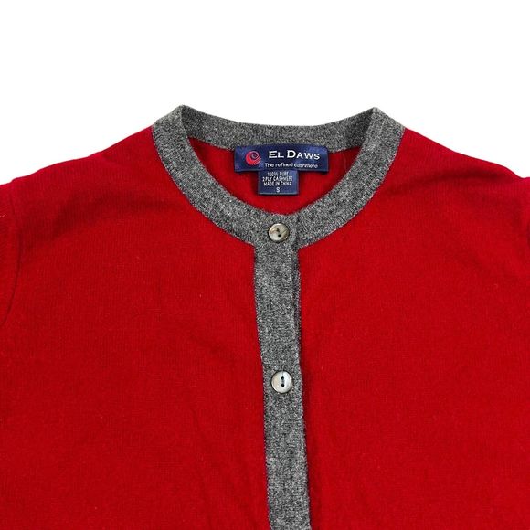 El Daws 2 ply Cashmere Cardigan Sweater Button Front Stacked Pockets Red Gray, S - Picture 2 of 8